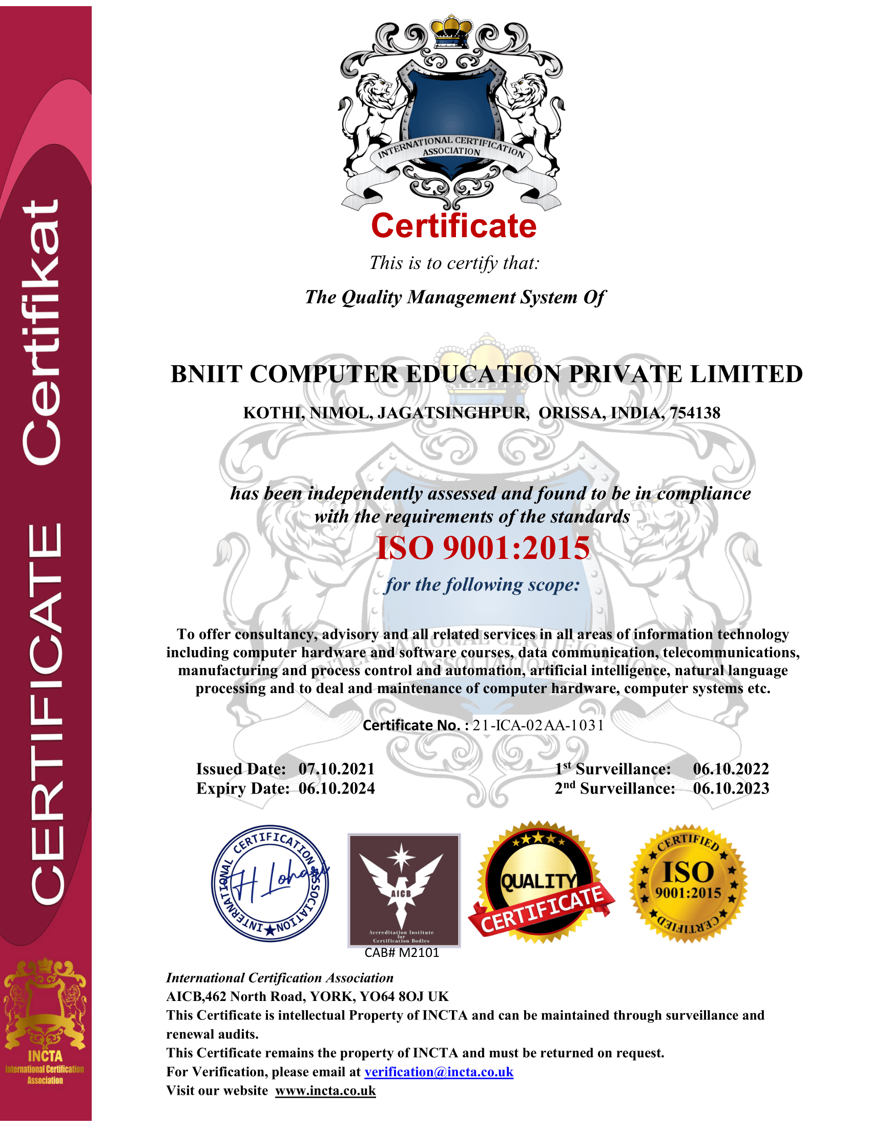 BNIIT COMPUTER EDUCATION - Certifications